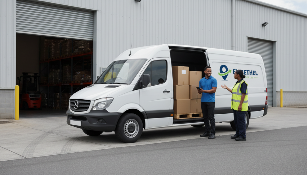 a white mercedes sprinter van parked outside an industrial unit - same day courier service harwich